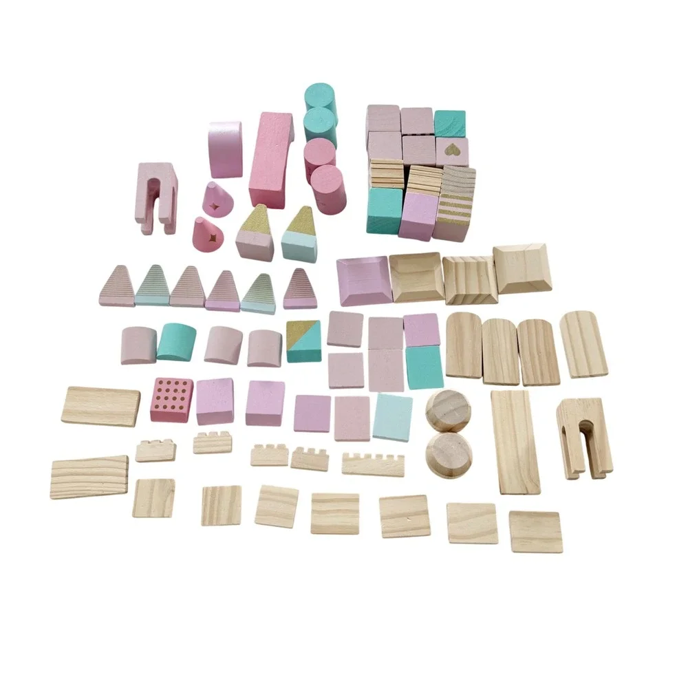 Wooden Building Blocks Kids Pink Green Pastel Geometric Set 70pc